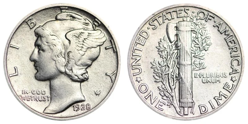1928 Mercury dime obverse and reverse showing Winged Liberty head and fasces design