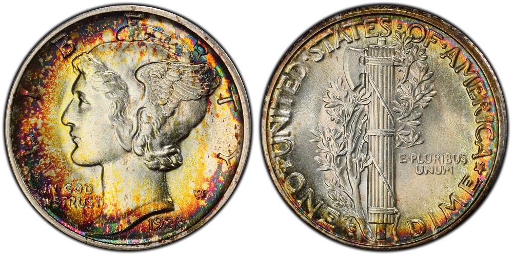 Side-by-side comparison of 1928 Mercury dime reverse without Full Bands versus with Full Bands designation showing separated central horizontal bands