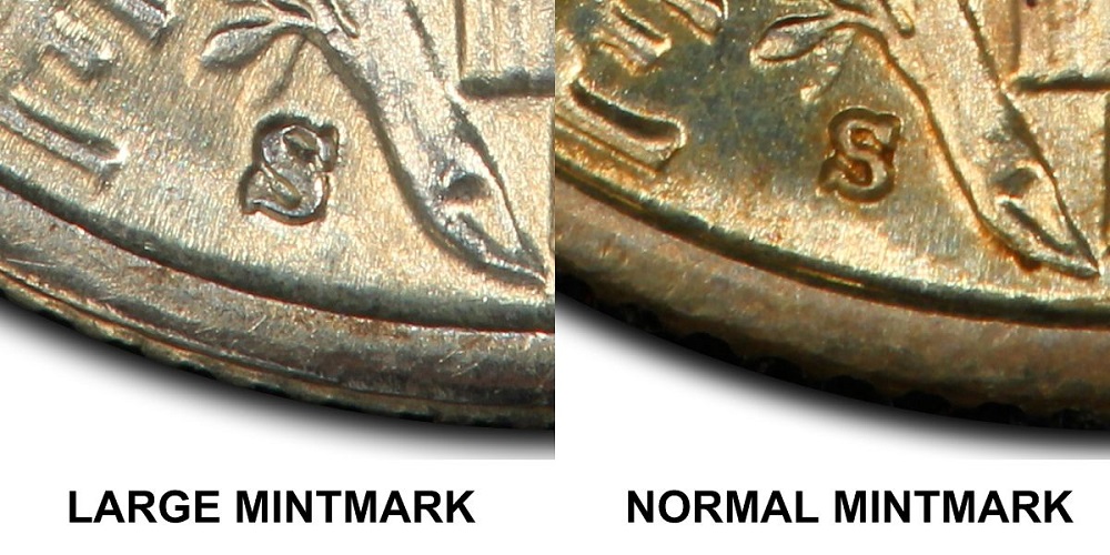 Close-up of 1928-S Mercury dime Large S variety (FS-501) mint mark compared to standard Small S on reverse