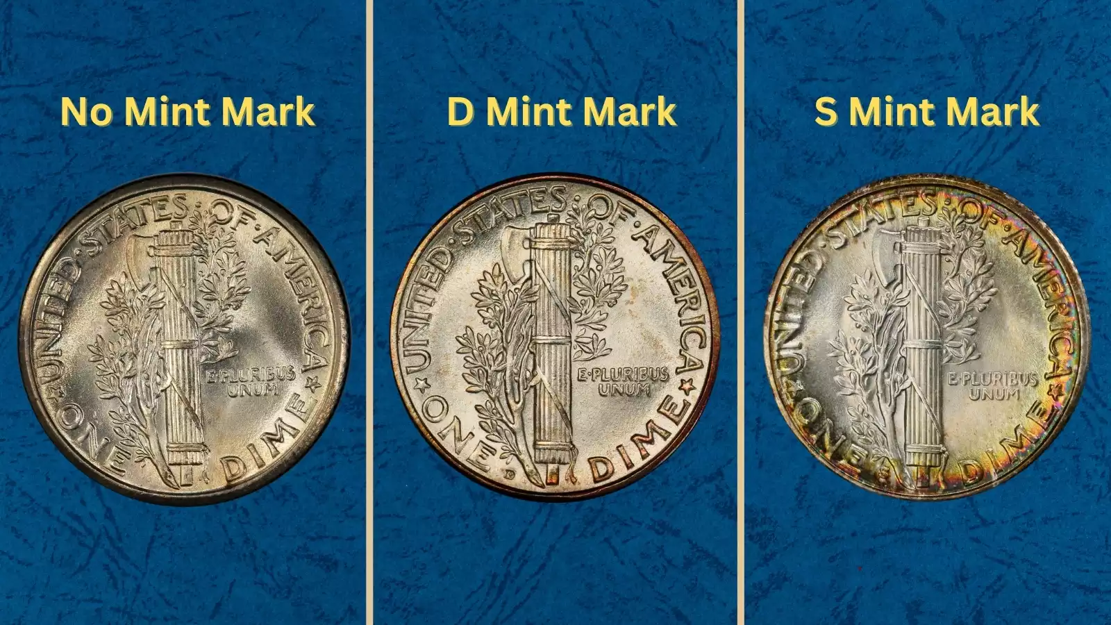 Historical group of 1928 Mercury dimes from all three mints showing Philadelphia no-mint-mark, Denver D, and San Francisco S mint mark varieties