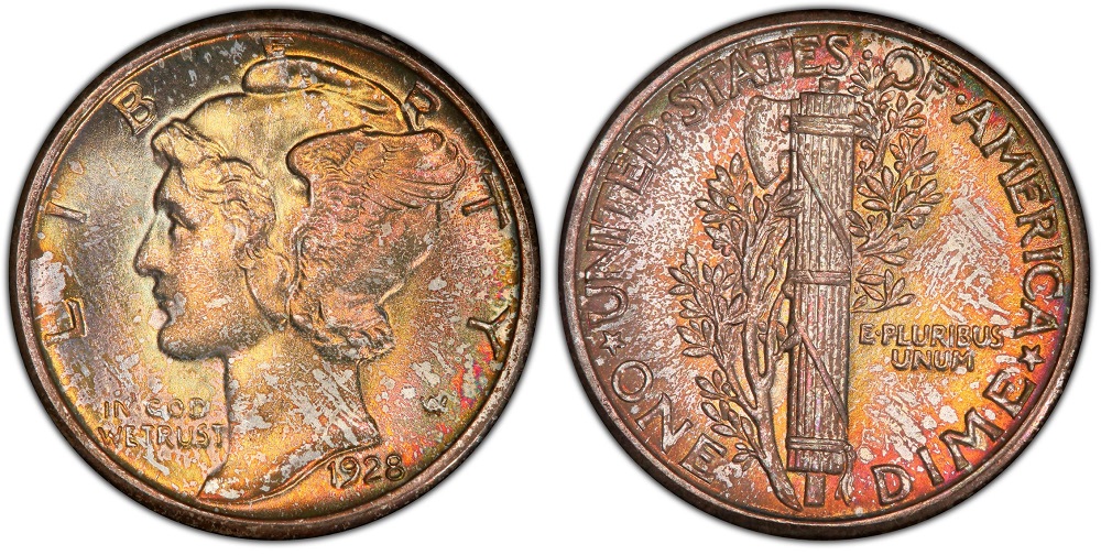 Grading strip showing four 1928 Mercury dimes in four condition tiers from Good (heavily worn) through Mint State (full luster and detail)